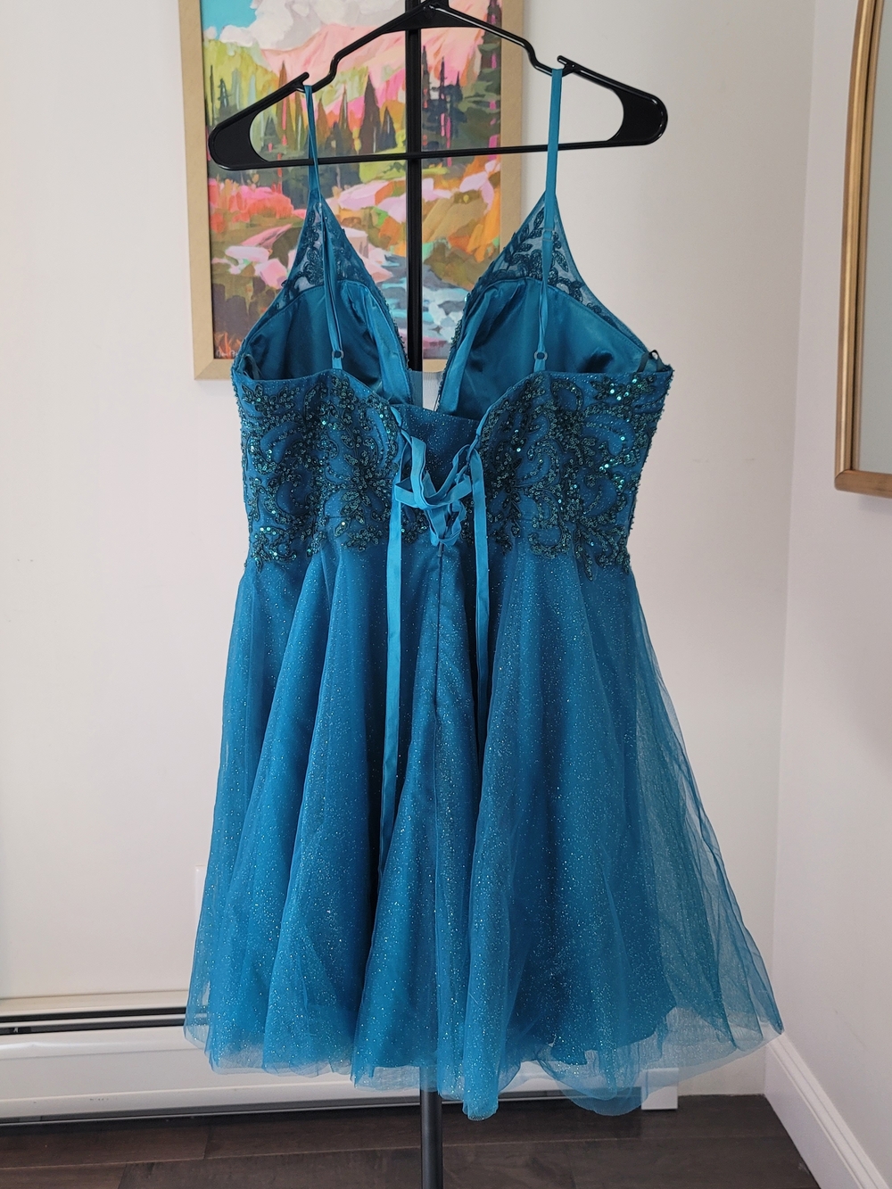 NWOT Teal Sequin Tulle Short Party Prom Cocktail Dress Glitter Size 16 - Picture 4 of 12